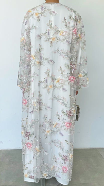 MSL896 White Pearl Flowers Open Abaya Set
