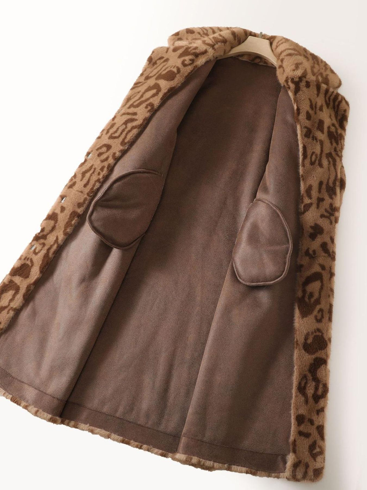 JT8812 Faux Fur Coat - Leopard Print, Suede, Blazer Collar, Long Length | Hojumbo