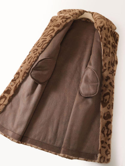 JT8812 Faux Fur Coat - Leopard Print, Suede, Blazer Collar, Long Length | Hojumbo