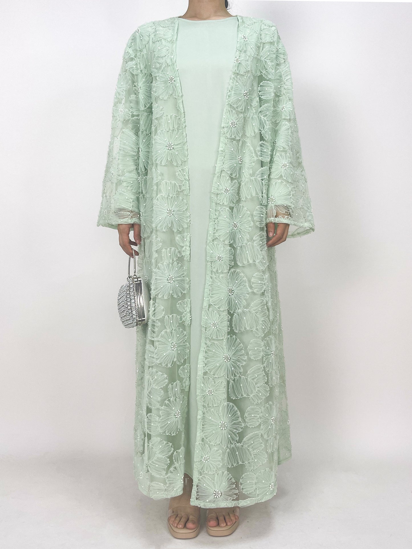 MSL881 Women 2 Pieces Set Open Abaya Mesh Flower Bead Embroidered Coat and Dress(Open Abaya+Inner Dress)