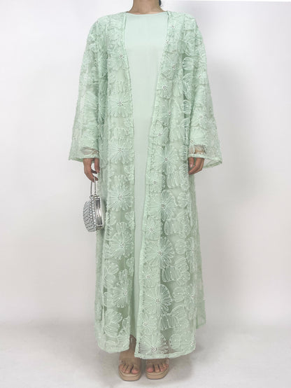 MSL881 Women 2 Pieces Set Open Abaya Mesh Flower Bead Embroidered Coat and Dress(Open Abaya+Inner Dress)