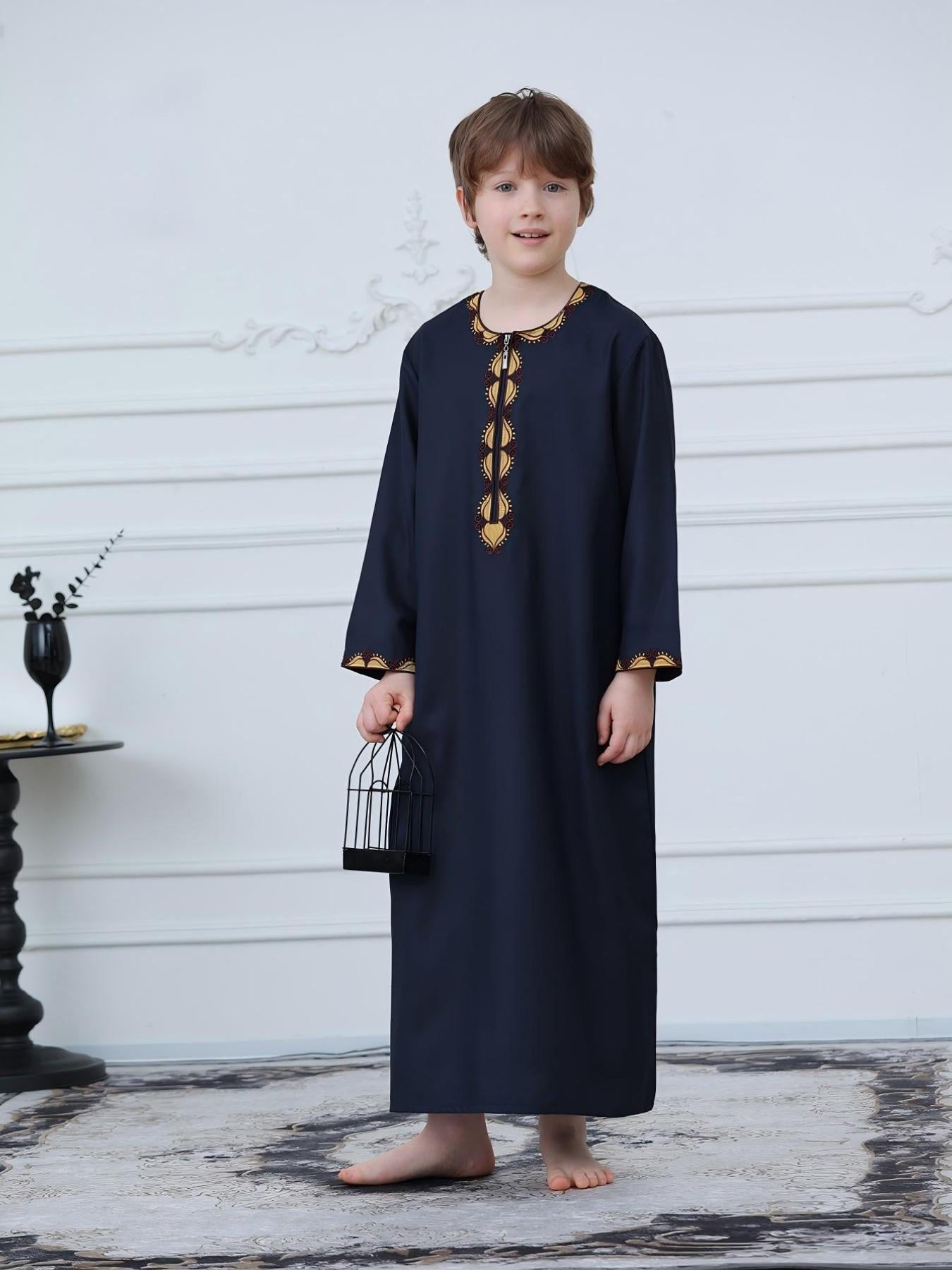KID0003 Abaya - Long Loose Fit Long Sleeve Embroidered Zip Front | Modest Fashion Hojumbo