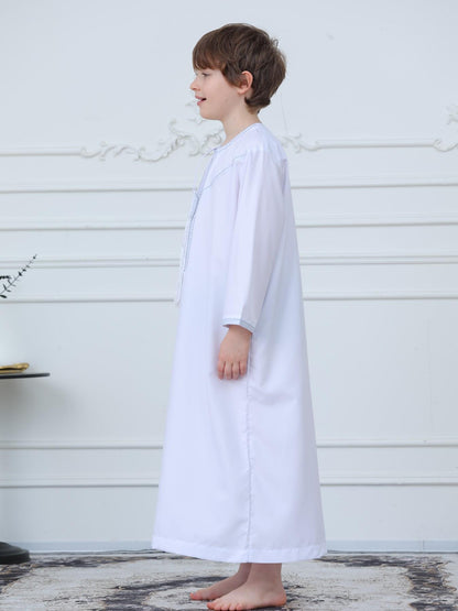 KID0004 Boys' Embroidered Zipper Omani Robe, Ramadan Muslim Boys' Long Dressing Gown, Stylish Islamic Clothing for Kids