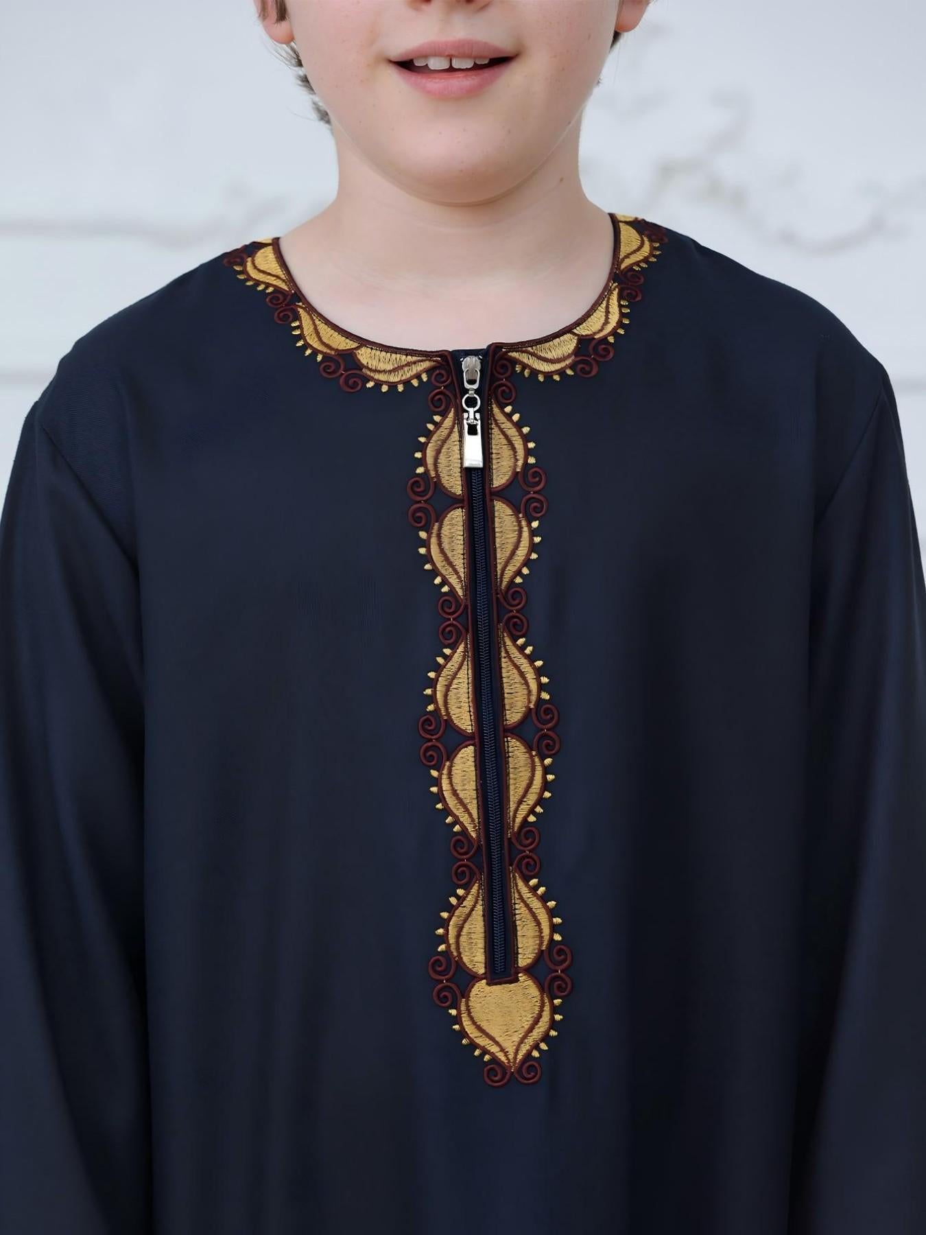 KID0003 Abaya - Long Loose Fit Long Sleeve Embroidered Zip Front | Modest Fashion Hojumbo