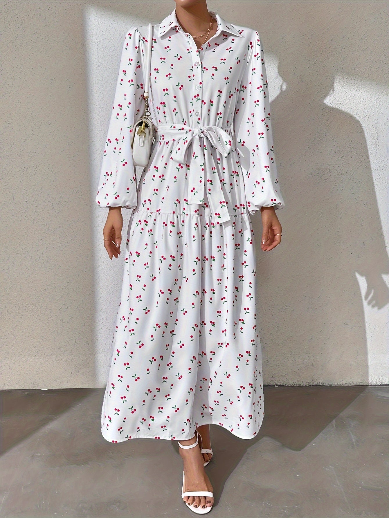 Ramadan Abaya Floral Print Button Front Dress, Casual Lantern Sleeve Dress For Spring & Fall, Women's Clothing Kebaya Kaftan MSL152