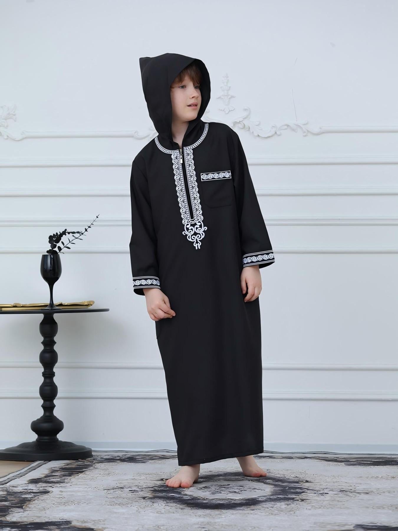 KID0012 Boys' Moroccan Robe Hooded Embroidered Loose Fit Abaya, Muslim Boys' Clothing, Comfortable Long Sleeve Dressing Gown