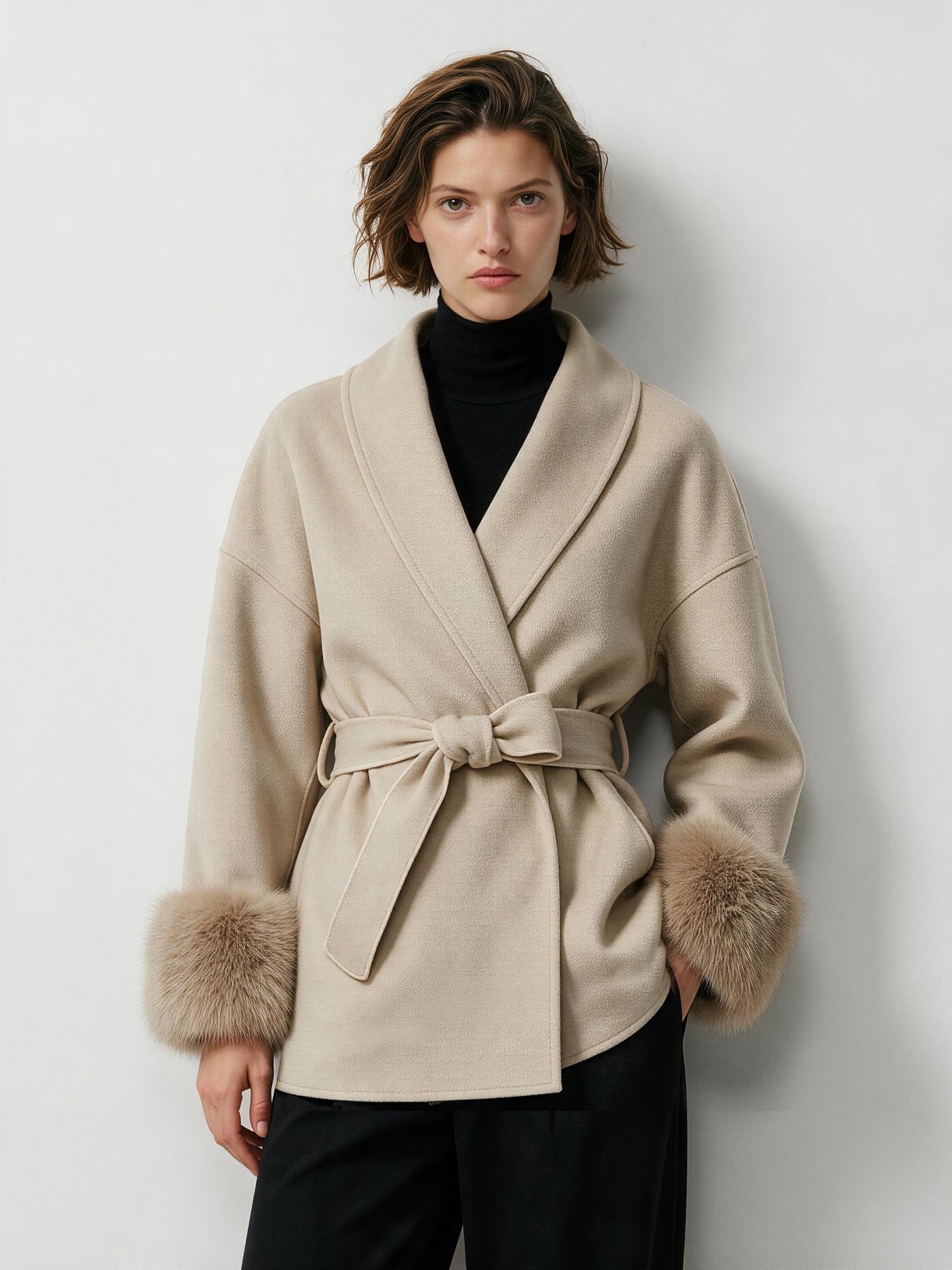 MN020 Coat - Fur Trim, Belted, Lapel Collar, Short Length | Hojumbo