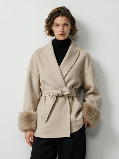 MN020 Coat - Fur Trim, Belted, Lapel Collar, Short Length | Hojumbo