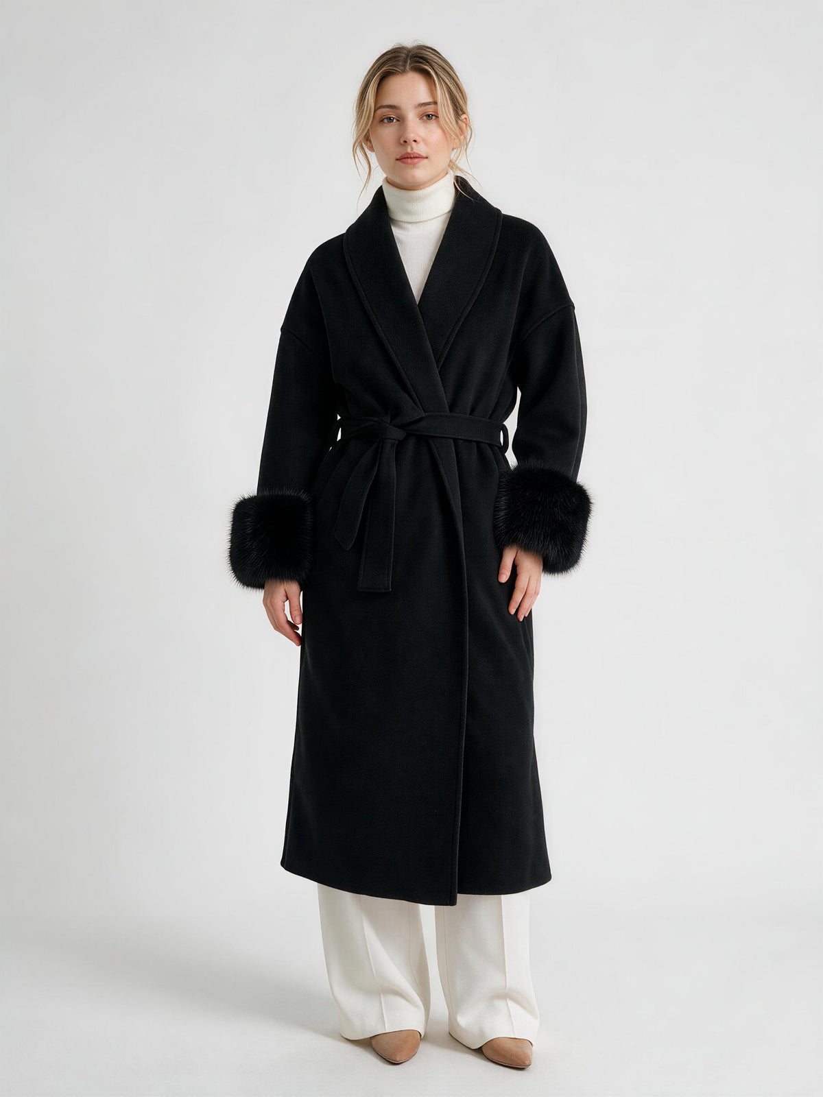 GBR390 Coat - Fur Trim, Belted, Lapel Collar, Long Length | Hojumbo