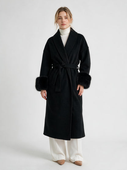 GBR390 Coat - Fur Trim, Belted, Lapel Collar, Long Length | Hojumbo