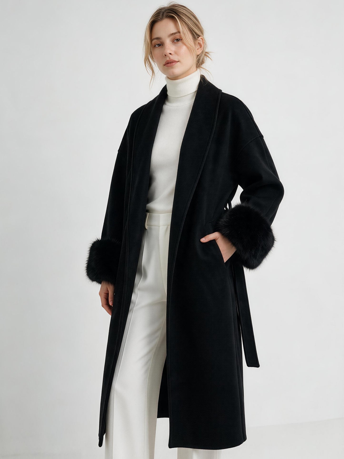 GBR390 Coat - Fur Trim, Belted, Lapel Collar, Long Length | Hojumbo