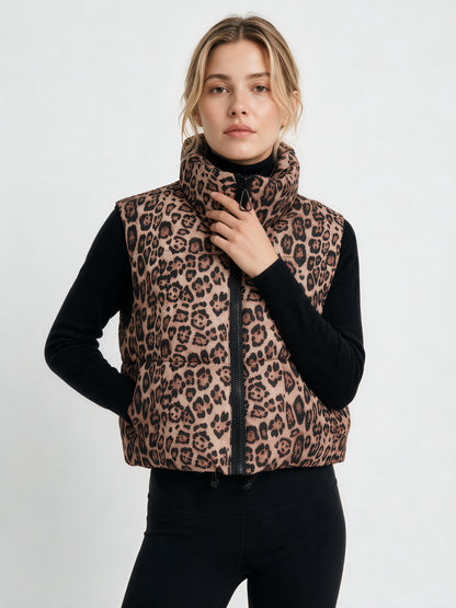 806 Sleeveless Puffer Vest - Leopard Print, High Collar, Warm | Hojumbo