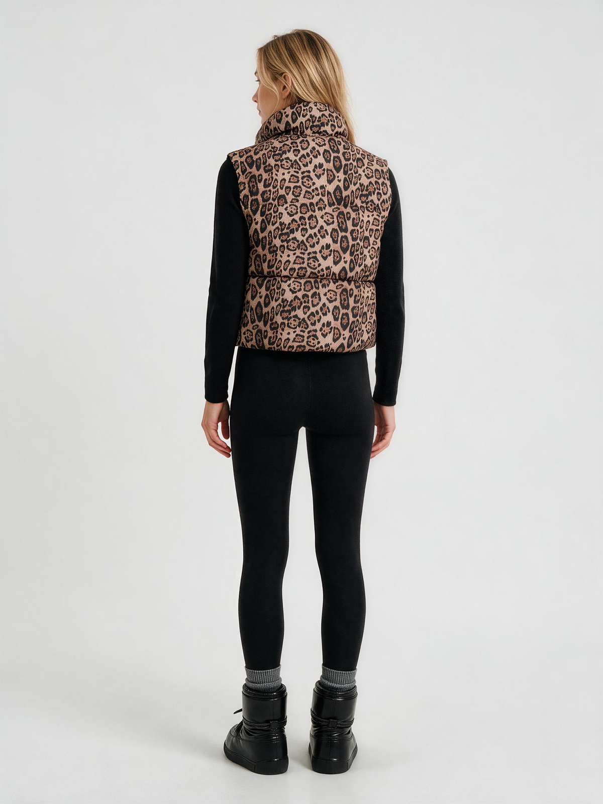 806 Sleeveless Puffer Vest - Leopard Print, High Collar, Warm | Hojumbo