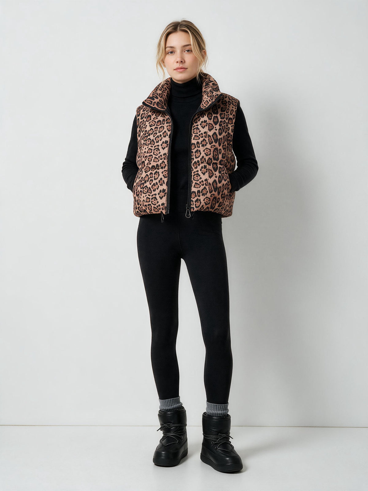 806 Sleeveless Puffer Vest - Leopard Print, High Collar, Warm | Hojumbo