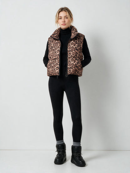 806 Sleeveless Puffer Vest - Leopard Print, High Collar, Warm | Hojumbo
