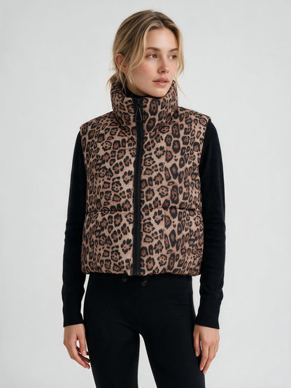 806 Sleeveless Puffer Vest - Leopard Print, High Collar, Warm | Hojumbo