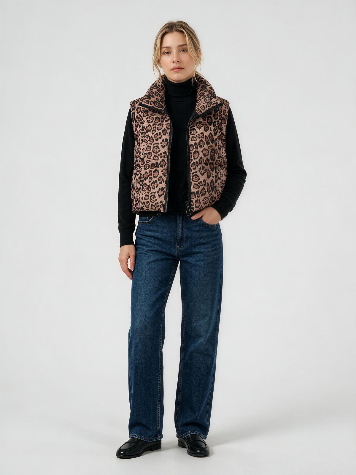 806 Sleeveless Puffer Vest - Leopard Print, High Collar, Warm | Hojumbo