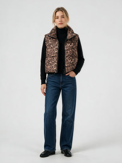 806 Sleeveless Puffer Vest - Leopard Print, High Collar, Warm | Hojumbo
