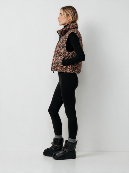 806 Sleeveless Puffer Vest - Leopard Print, High Collar, Warm | Hojumbo