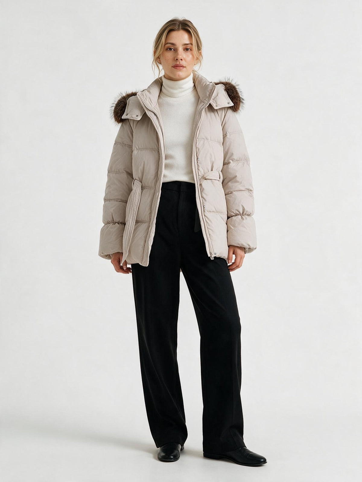 931 Puffer Jacket - High Collar, Faux Fur Trim, Zipper, Belted | Hojumbo