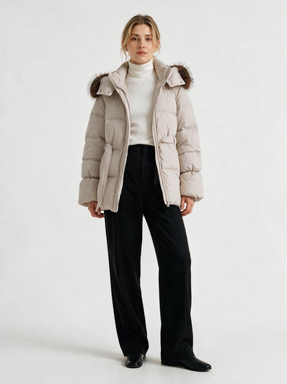931 Puffer Jacket - High Collar, Faux Fur Trim, Zipper, Belted | Hojumbo