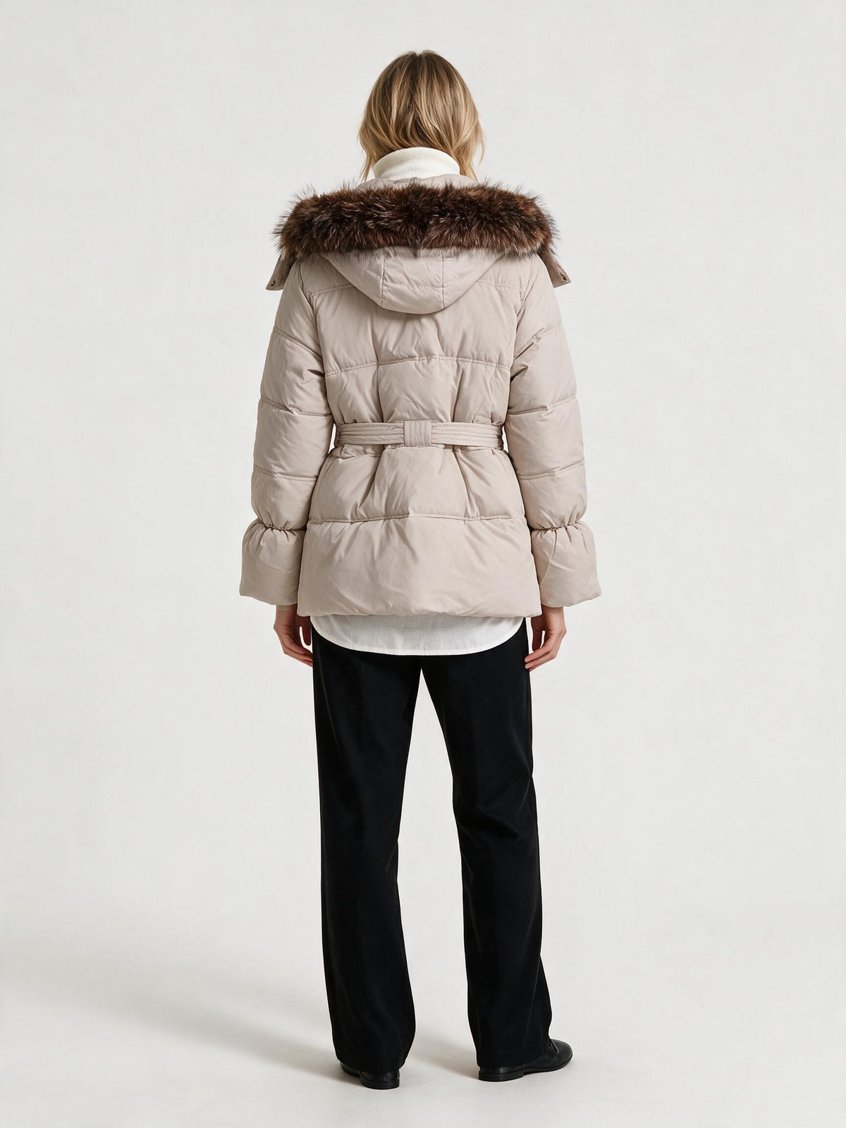 931 Puffer Jacket - High Collar, Faux Fur Trim, Zipper, Belted | Hojumbo