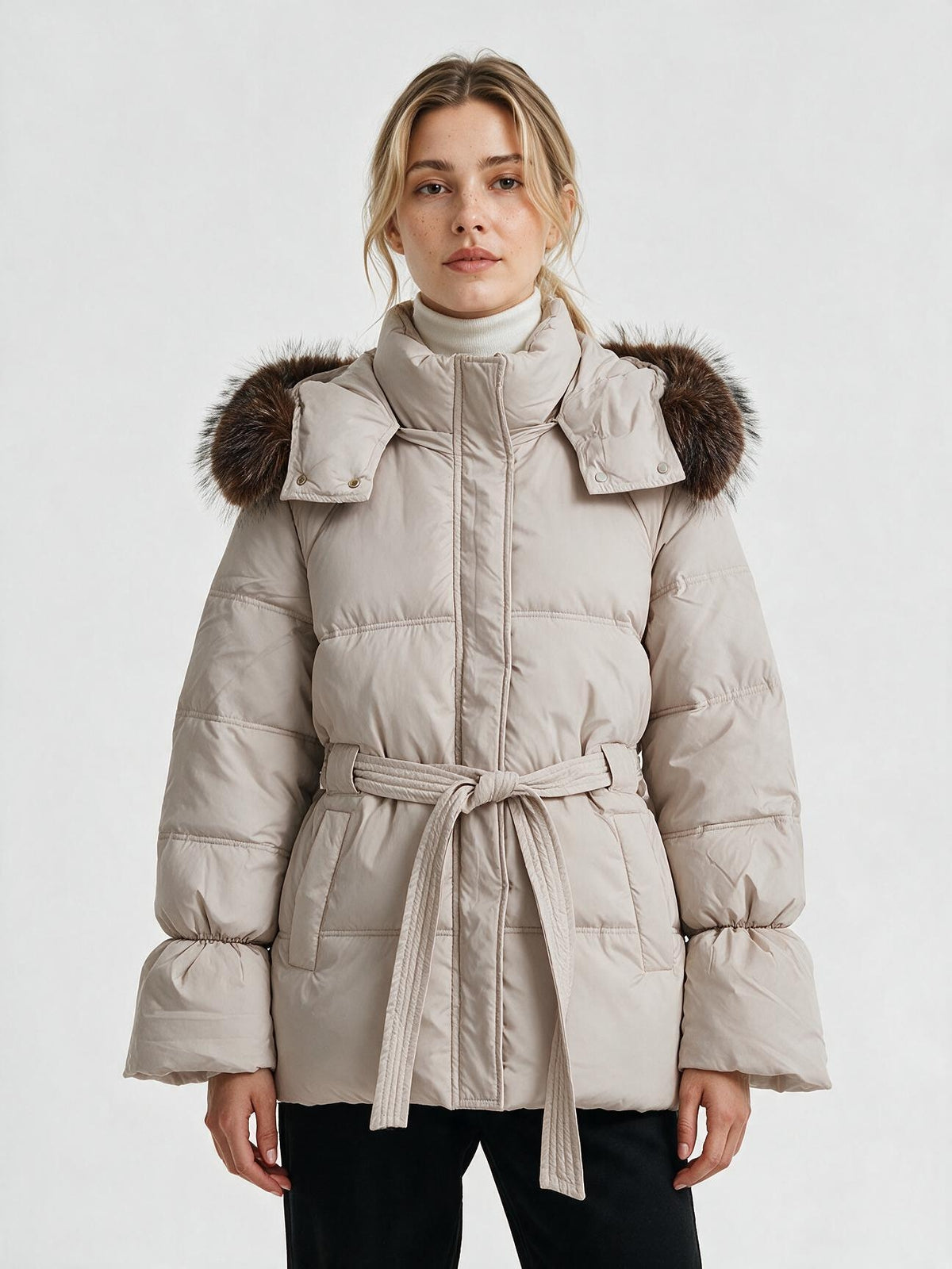 931 Puffer Jacket - High Collar, Faux Fur Trim, Zipper, Belted | Hojumbo