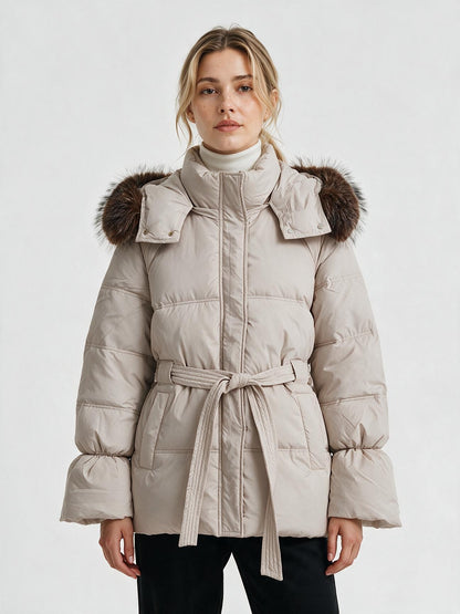 931 Puffer Jacket - High Collar, Faux Fur Trim, Zipper, Belted | Hojumbo