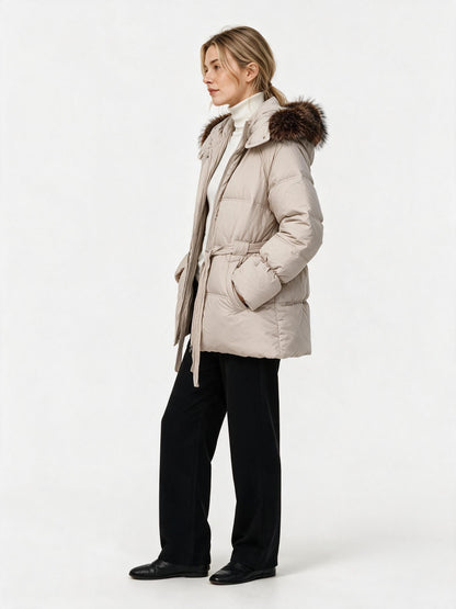 931 Puffer Jacket - High Collar, Faux Fur Trim, Zipper, Belted | Hojumbo