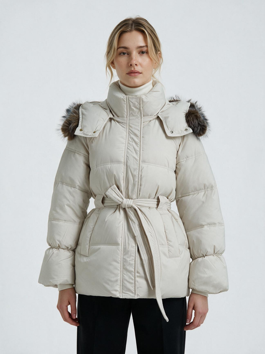 931 Puffer Jacket - High Collar, Faux Fur Trim, Zipper, Belted | Hojumbo