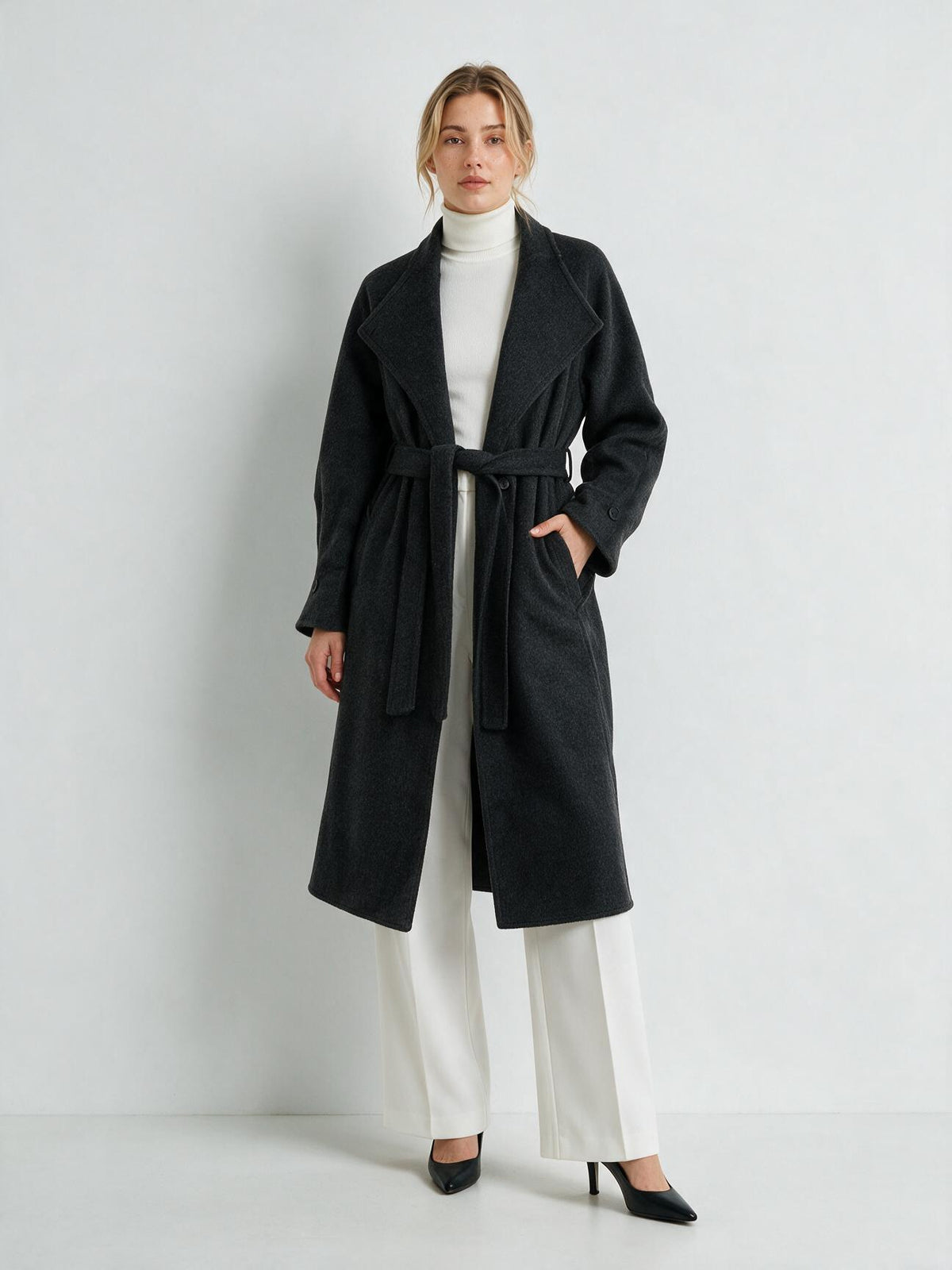 830 Coat - 15% Wool, High Collar, Belted, Long Length | Hojumbo