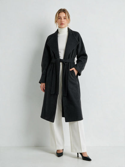 830 Coat - 15% Wool, High Collar, Belted, Long Length | Hojumbo