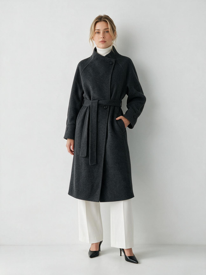 830 Coat - 15% Wool, High Collar, Belted, Long Length | Hojumbo
