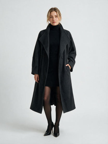830 Coat - 15% Wool, High Collar, Belted, Long Length | Hojumbo
