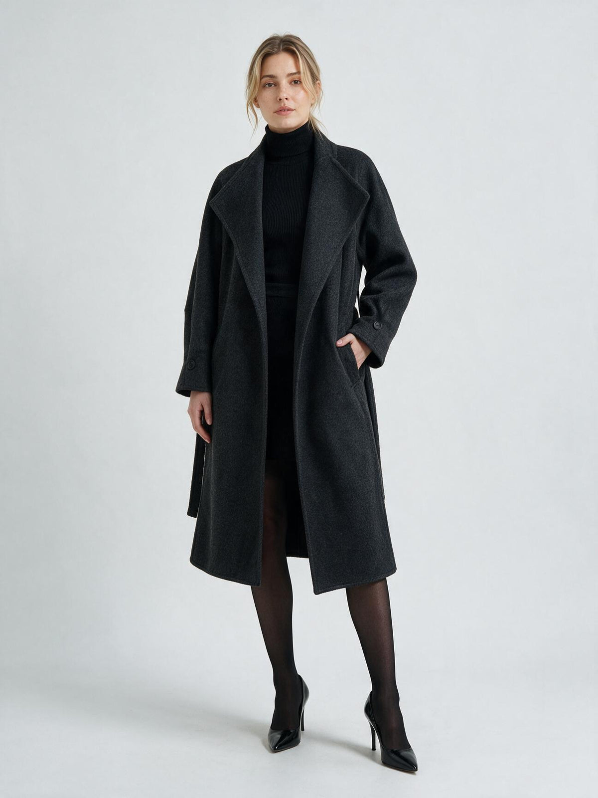 830 Coat - 15% Wool, High Collar, Belted, Long Length | Hojumbo