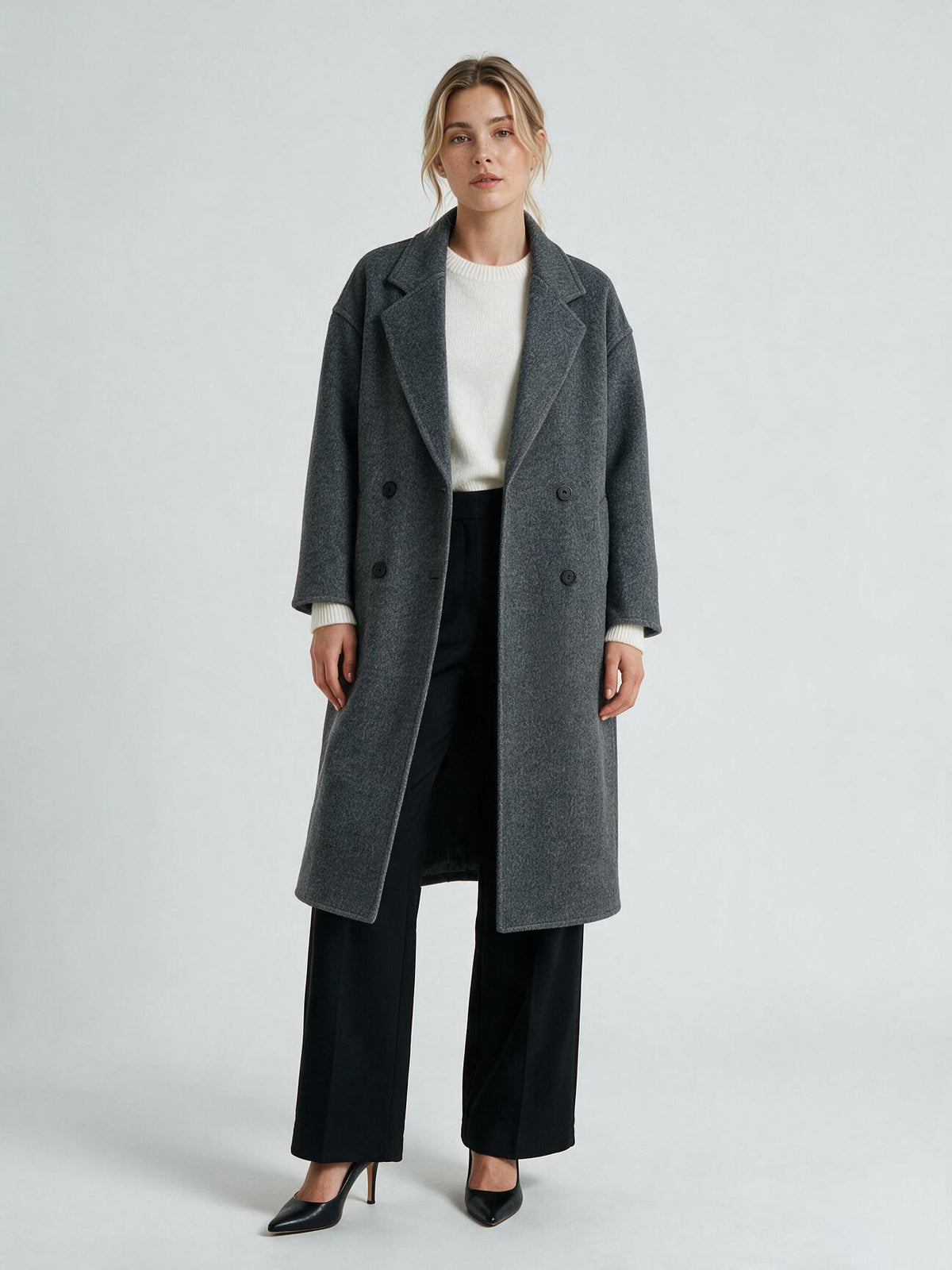 620 Coat - 15% Wool, Lapel Collar, Button Front, Long Length | Hojumbo