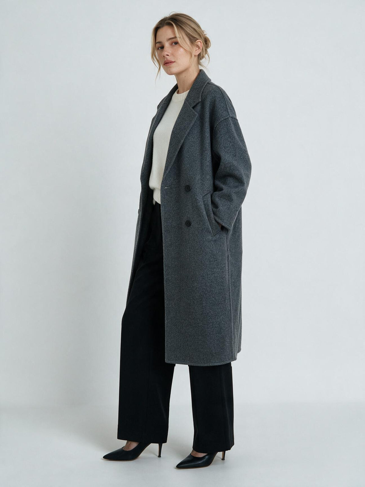 620 Coat - 15% Wool, Lapel Collar, Button Front, Long Length | Hojumbo