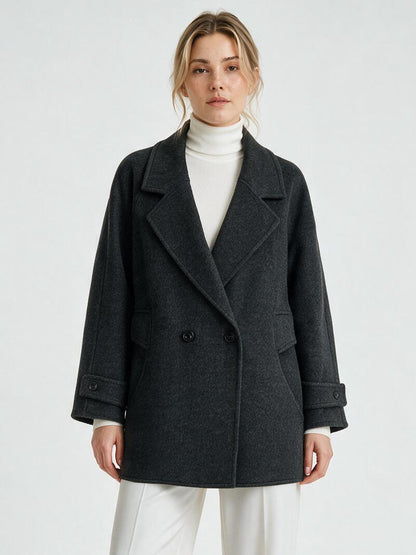 6651 Coat - 15% Wool, Lapel Collar, Button Front, Short Length | Hojumbo
