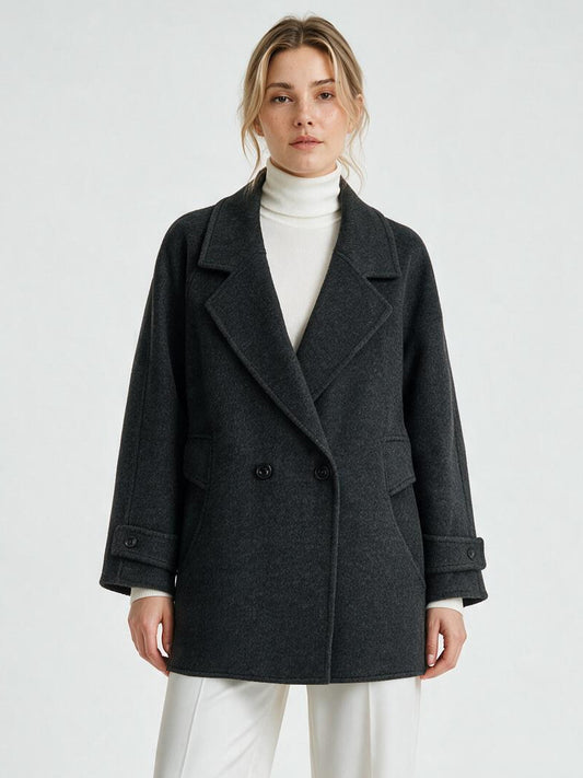 6651 Coat - 15% Wool, Lapel Collar, Button Front, Short Length | Hojumbo