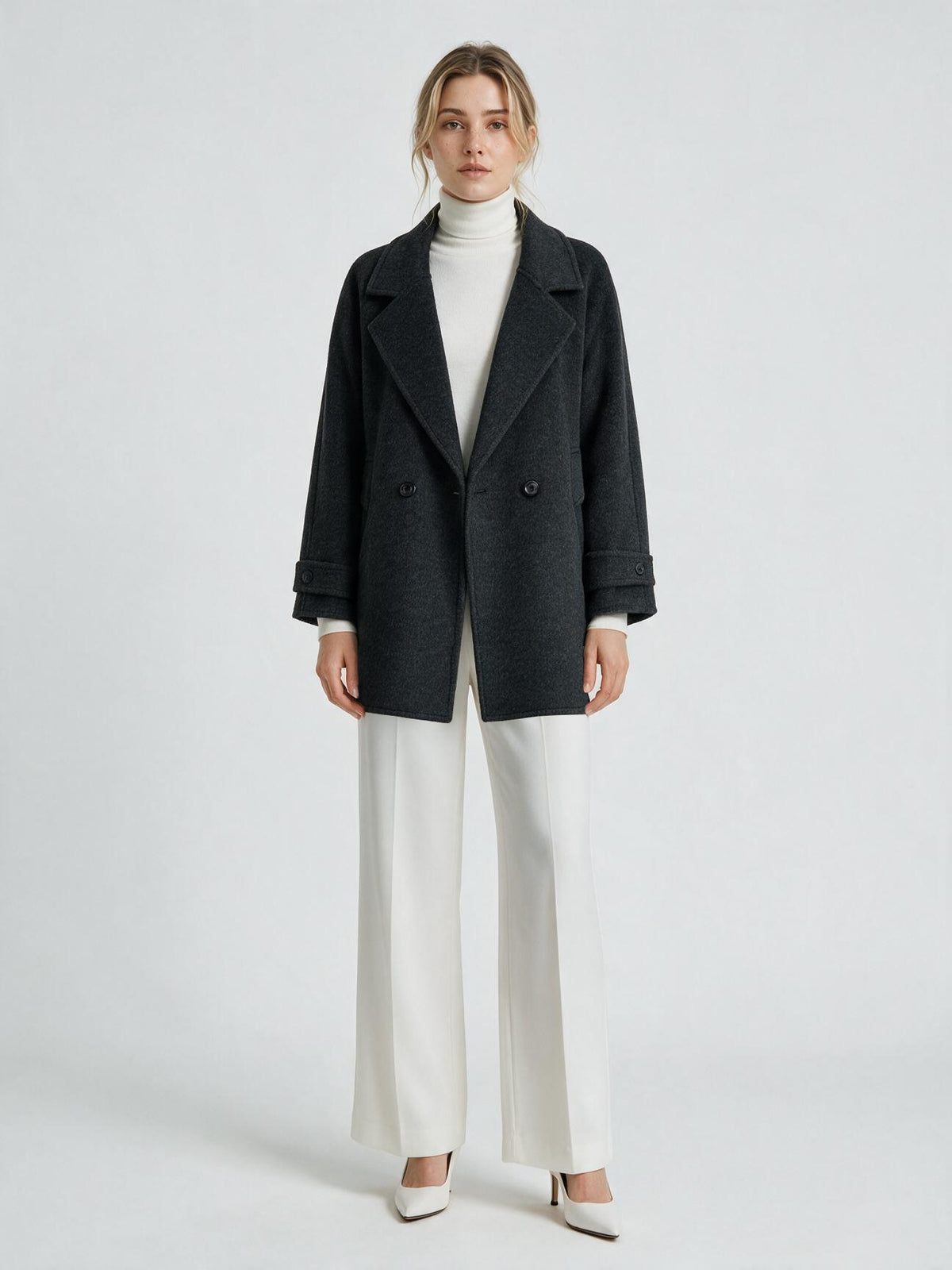 6651 Coat - 15% Wool, Lapel Collar, Button Front, Short Length | Hojumbo