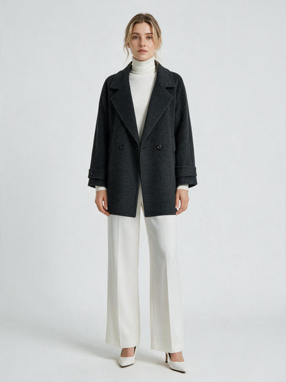 6651 Coat - 15% Wool, Lapel Collar, Button Front, Short Length | Hojumbo