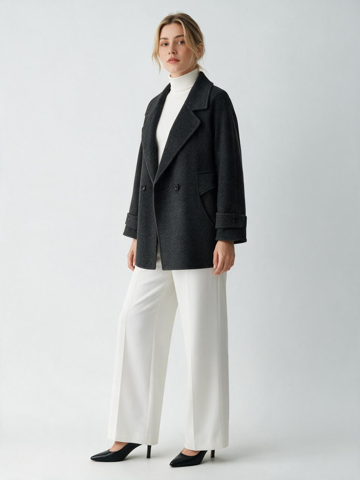 6651 Coat - 15% Wool, Lapel Collar, Button Front, Short Length | Hojumbo