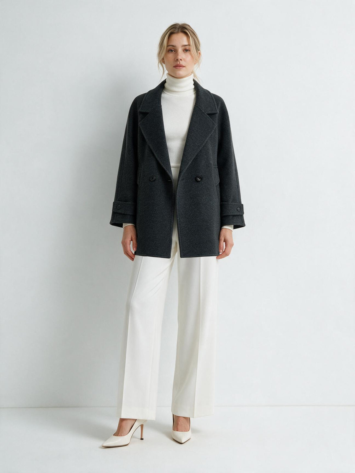 6651 Coat - 15% Wool, Lapel Collar, Button Front, Short Length | Hojumbo