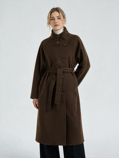 Women's Long Coat - High Collar, Belted | MN023 | Hojumbo