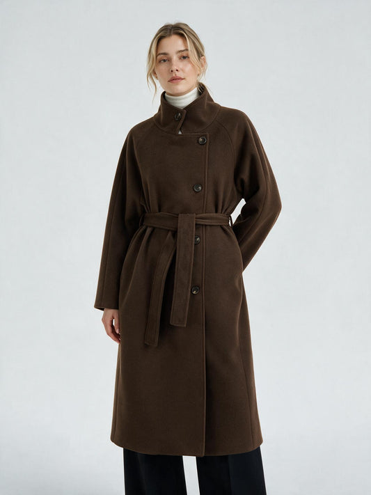 Women's Long Coat - High Collar, Belted | MN023 | Hojumbo