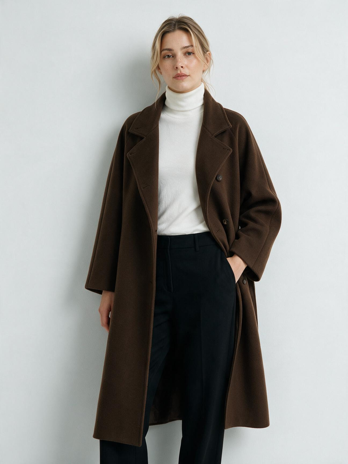 Women's Long Coat - High Collar, Belted | MN023 | Hojumbo