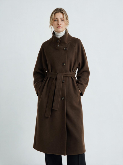 Women's Long Coat - High Collar, Belted | MN023 | Hojumbo