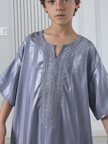 Boys' Striped Print Robe, Casual Comfy Short Sleeve Long Robe for Summer, Kids Clothes for Daily Wear MSL200