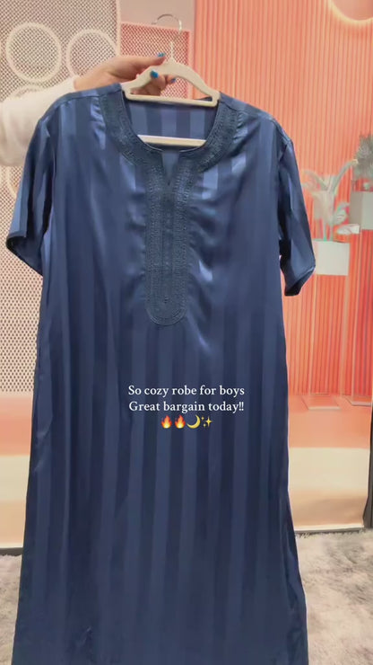 Boys' Striped Print Robe, Casual Comfy Short Sleeve Long Robe for Summer, Kids Clothes for Daily Wear MSL200