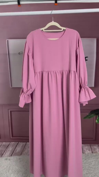 Middle Eastern Muslim Girls Solid Color Round Neck Flared Sleeve Dress Abaya Robe MSL8250
